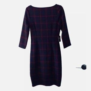 Express Women Dress Blue/Red Plaid Sz S Fitted Bodycon/Sheath Stretch 3/4 Sleeve